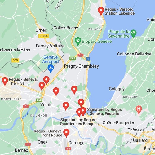 carte des espaces de coworking Regus à Genève